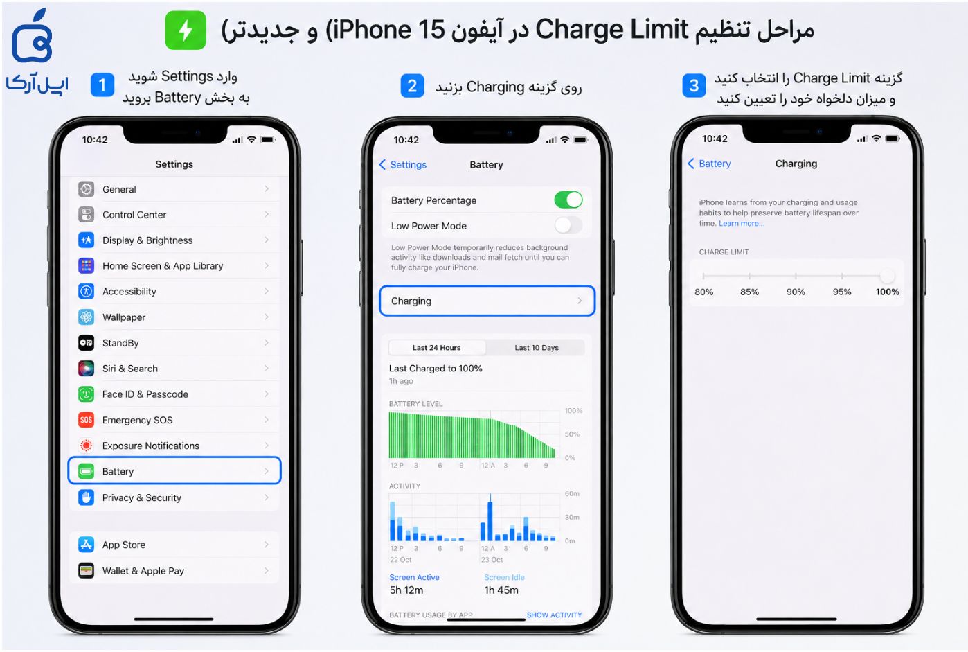 مراحل فعال کردن Charge Limit در تنظیمات باتری آیفون